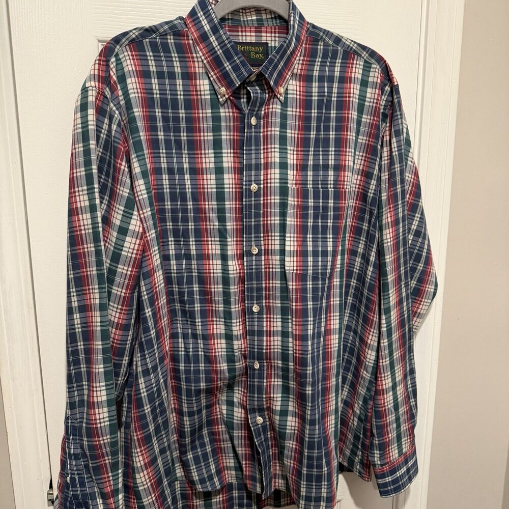 Brittany Bay Men’s Plaid Button Down Shirt Size 3XL Long Sleeve Red Blue Cotton